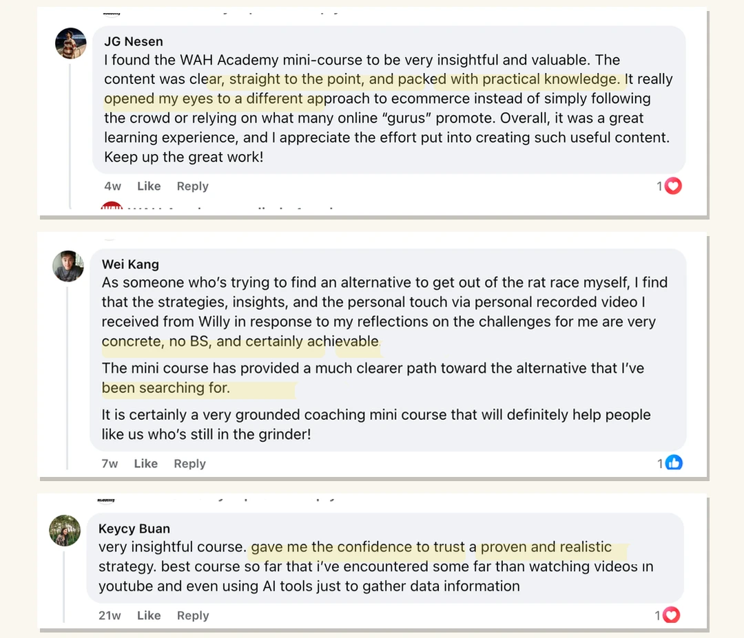 Real Facebook comments from WAH Academy students